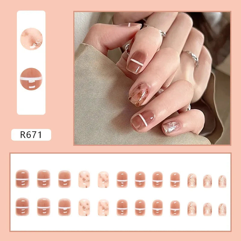 Vintage Camellia Wearable Pink Press on Fake Nails Tips with Glue False Nails Design Butterfly Lovely Girl False Nails