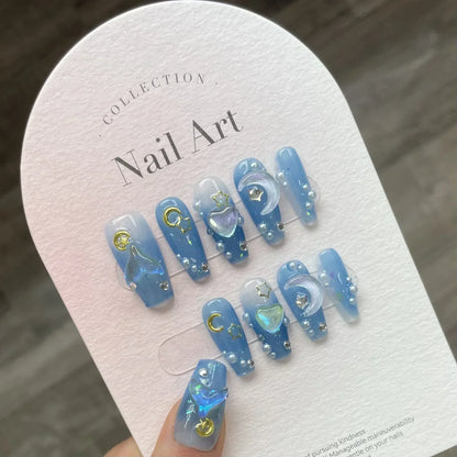 10Pcs Ballet Blue Fake Nails with 3D Ocean Moon Rhinestone Design False