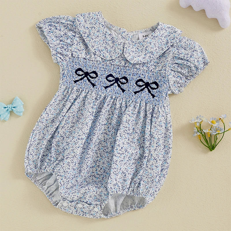 Newborn Baby Girl Romper Bow Embroidery Peter Pan Collar Short Sleeve Bubble Bodysuit Summer Clothes