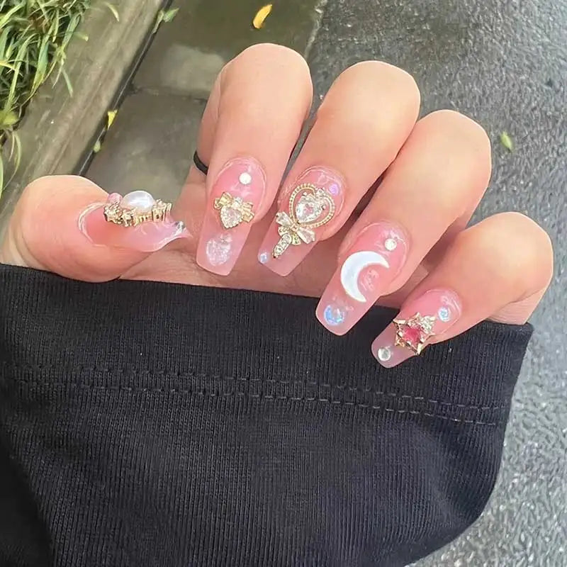 24pcs/box Luxury Pink Long Coffin Fake Nails Y2K Moon Star Rhinestones Press On Nails Handmade Full Cover Reusable False Nails