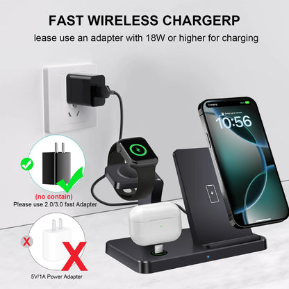 3 In 1 Wireless Charger Stand for iPhone 16 15 14 13 12 Pro Max Apple Watch 10 9 8 7 6 5 AirPods 3 4 Fast Charging Station Dock