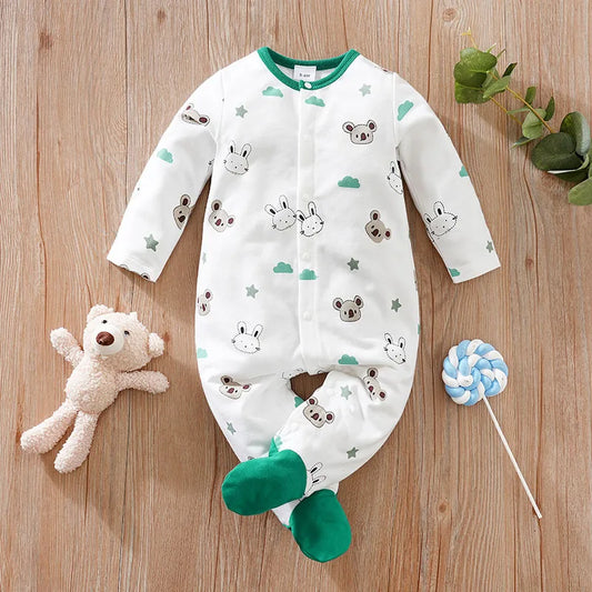 Spring And Autumn Boys And Girls Cute Cartoon Rabbit And Koala Printed Long Sleeve Wrapped Foot Bodysuit