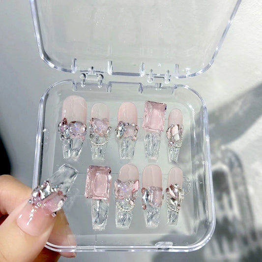 10Pcs Handmade transparent  Press on Nails 3D Diamonds Fake Nails Ice Cube Design Y2k False Nail Full Cover Nail Tips