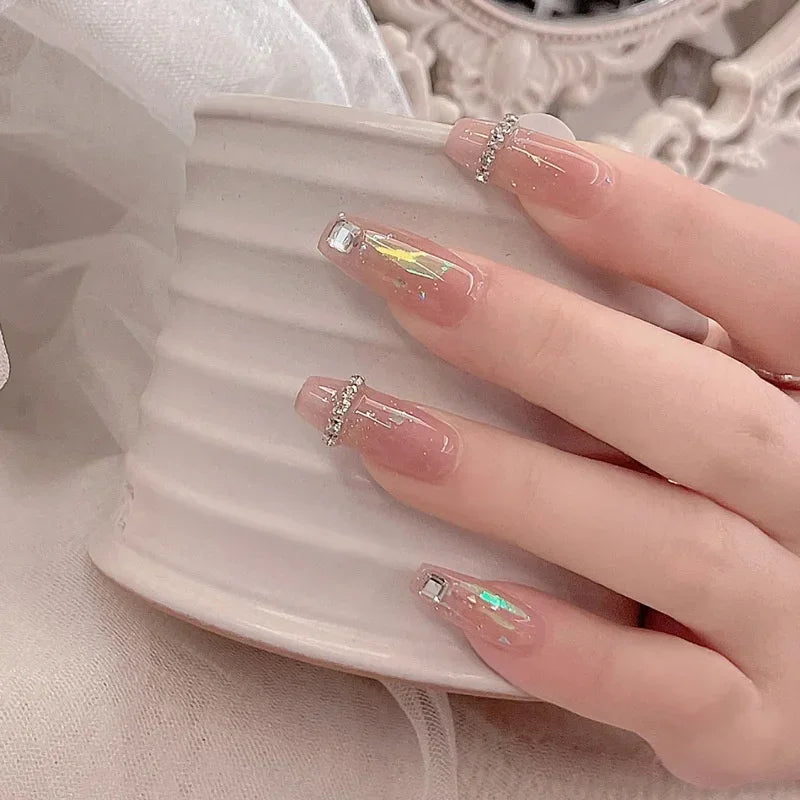 24pcs Wearable Pink Press On Fake Nails Tips Jelly Gel False Nails Design Butterfly Lovely Girl False Nails With Wearing Tools