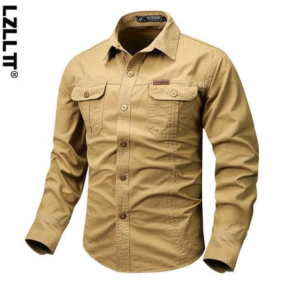 Spring Autumn Men Long Sleeve Cargo Cotton Shirts Man Breathable Casual Outdoor Polo Shirt Man Hike Safari Work Tactic Shirt 5XL