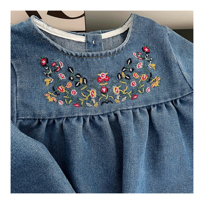 Kids Clothing  Spring And Autumnr Round Neck Floral Embroidered Long Sleeve Denim dress Girls Dress Princess Dress