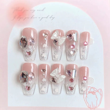 24Pcs Long Ballerina Fake Nails Sparkly Diamond Designs Press on Nails White Pearl Clear False Nails for Women Bride Wedding