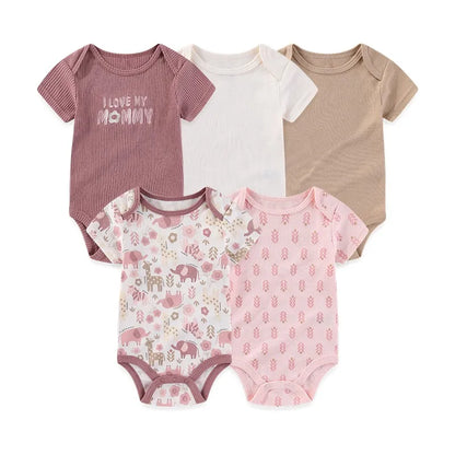 4/5PCS Cotton Bodysuits Print Newborn Baby Girl Clothes Short Sleeve Cartoon Baby Boy Clothes Set Solid Color Summer Bebes