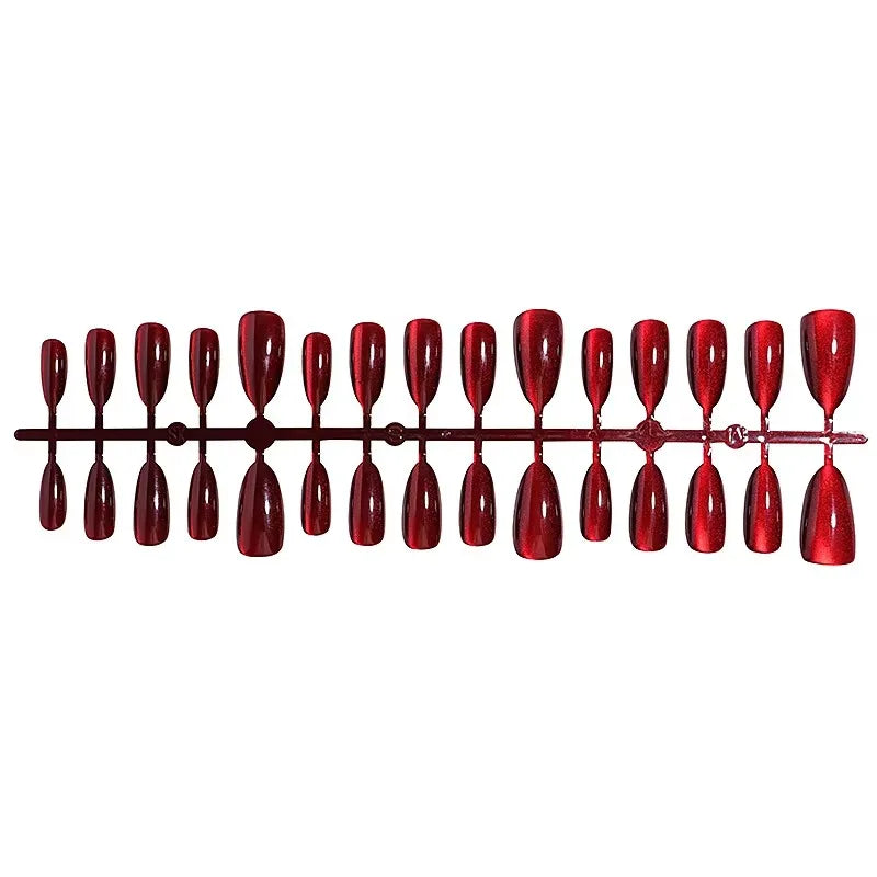 24 Pcs Medium False Nails with Design Almond Girls Press on Nails Red Cat Eye Stick-on Fake Nails for Gluing Acrylic Nail Tips