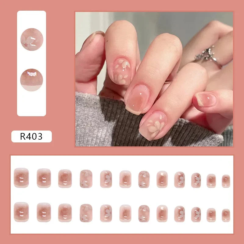 Vintage Camellia Wearable Pink Press on Fake Nails Tips with Glue False Nails Design Butterfly Lovely Girl False Nails