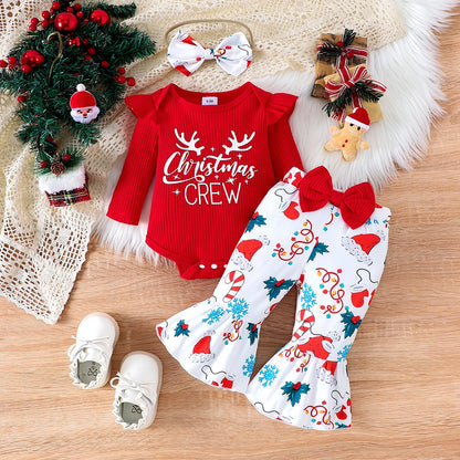 Autumn Girls Aged 0-1 Years Old, Comfortable Christmas Letter Printed Long-Sleeved Clothes + Trousers + Hair Bands