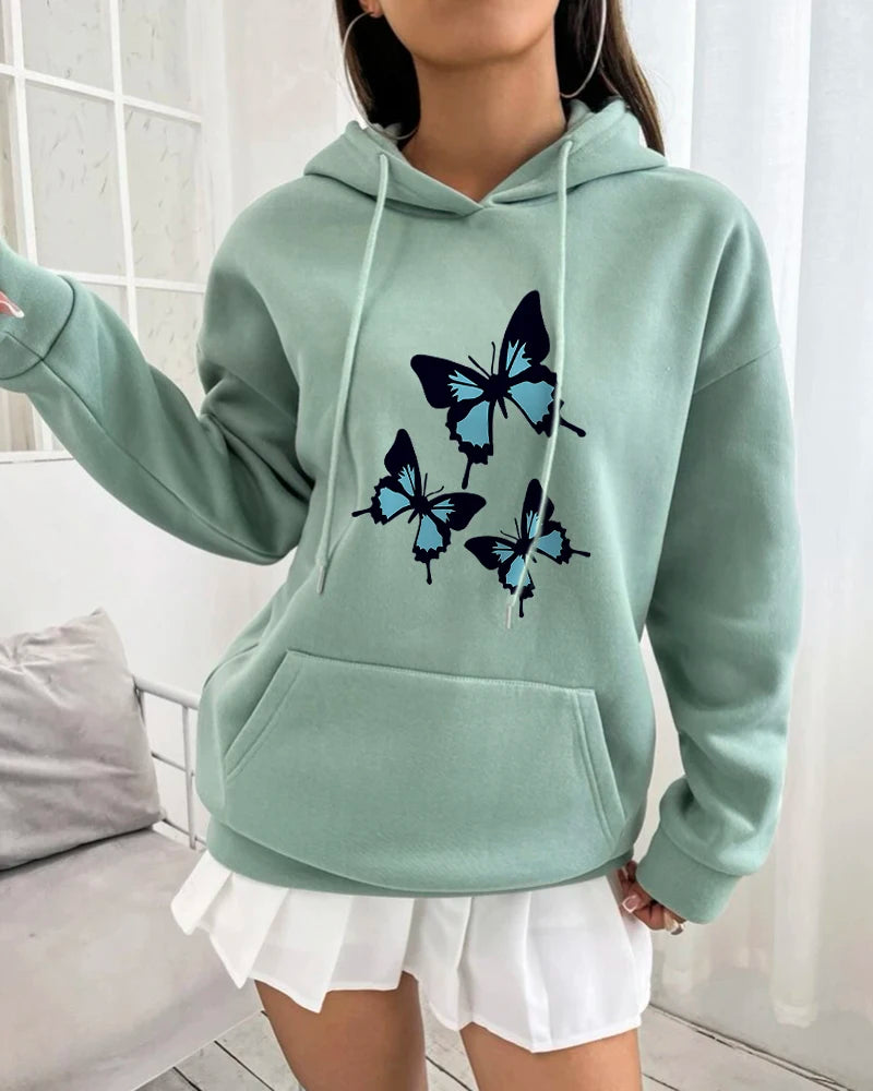 Hirsionsan Butterflies Graphic Print Hoodies Women Chic Long Sleeve