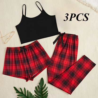 New 3Pcs Pajama Sets Wholesale Suspender Shorts Trousers Fashion Casual Bow Tie Home Wear Set Women's Casual Plaid Sleepwear Set