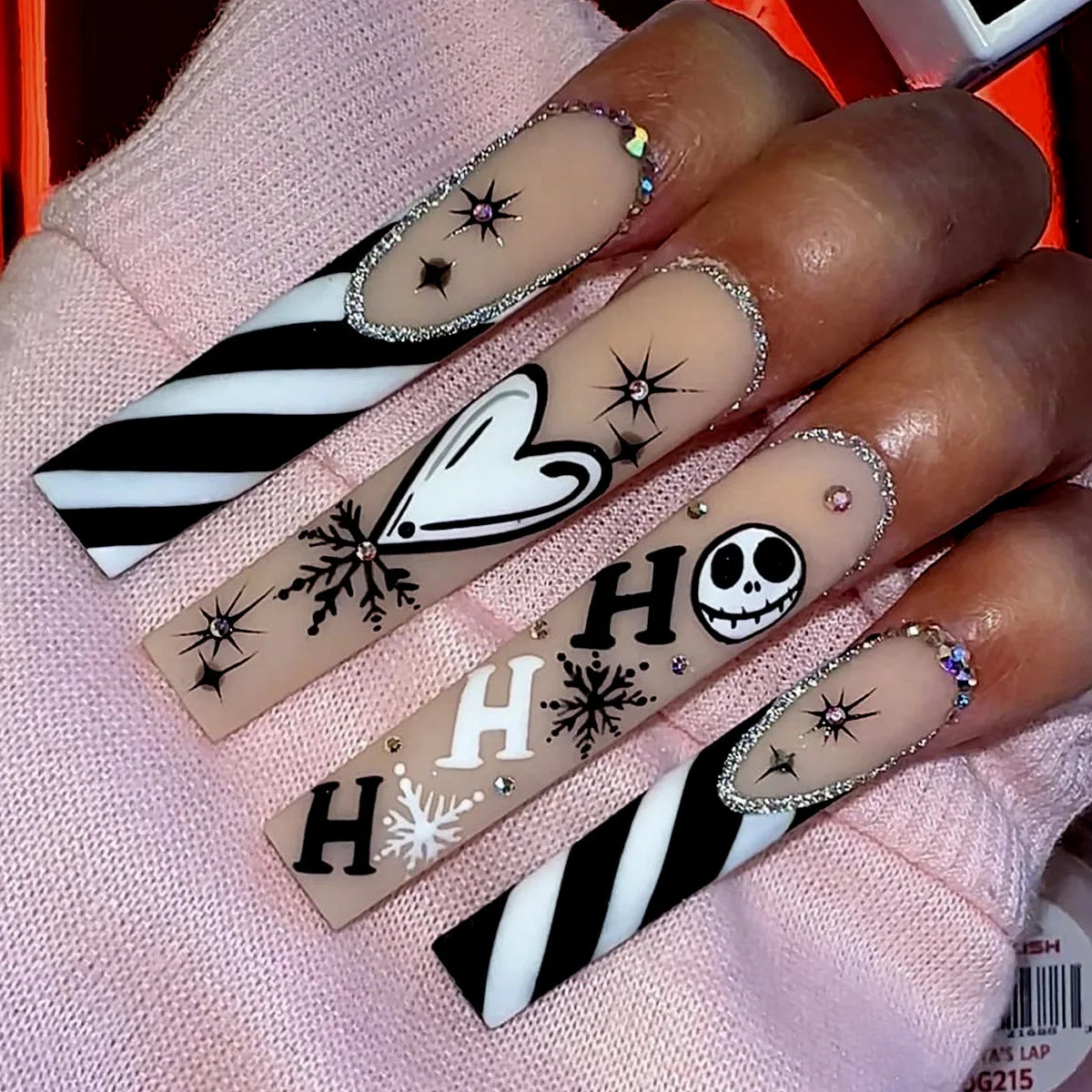 Scary Blood Skull Fake Nails Long Coffin Ballet Halloween Style False Nails 24pcs Wearable Press on Nail tips for Halloween Gift