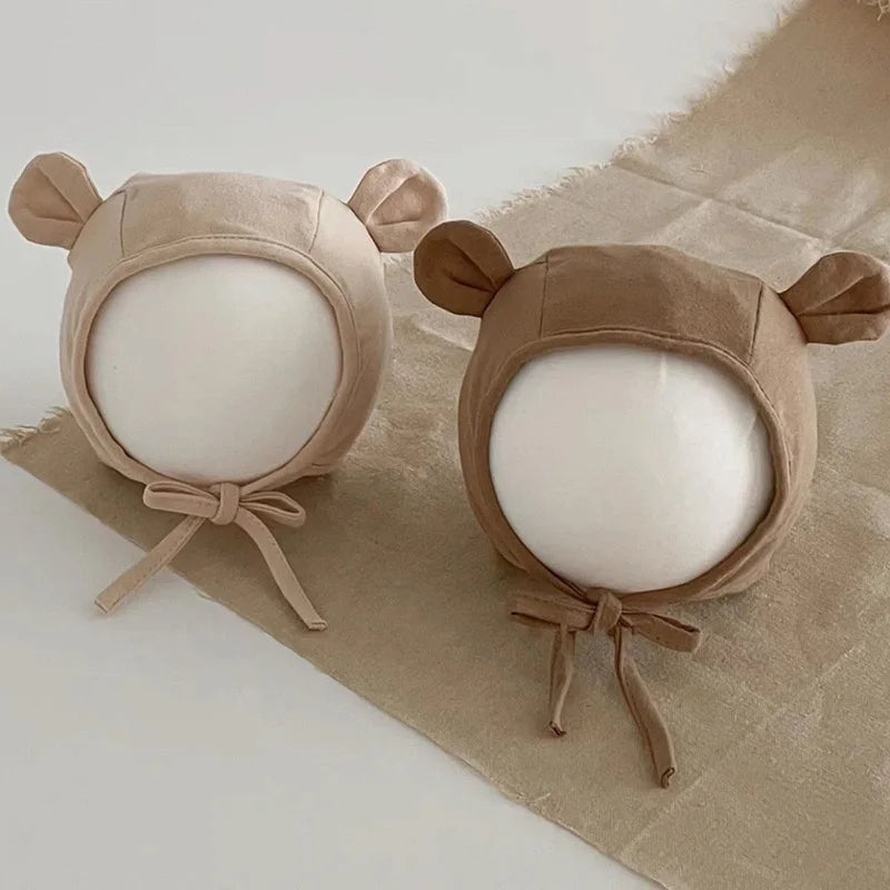Cute Bear Ear Baby Beanie Cap Soft Cotton Newborn Ear Protection Hat Korean Solid Color Infant Boy Girl Lace-up Bonnet
