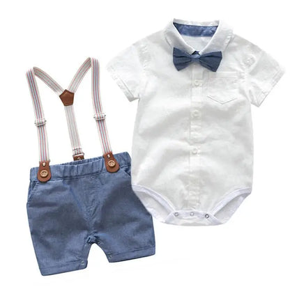 Baby Boy Clothes Summer Gentleman Birthday Suits Newborn Party Dress Soft Cotton Solid Rmper + Belt Pants Infant Toddler Set