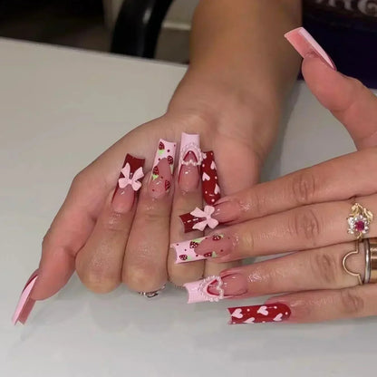 24Pcs Square False Nails with Glue Wearable Red Long Coffin Fake Nails Rhinestone Design Ballet Full Cover Press on Nails Tips