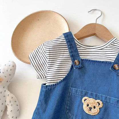 Summer Baby Clothing Set Newborn Girls Striped T-shirt and Denim Bodysuits 2Pcs Boys Cool Suits