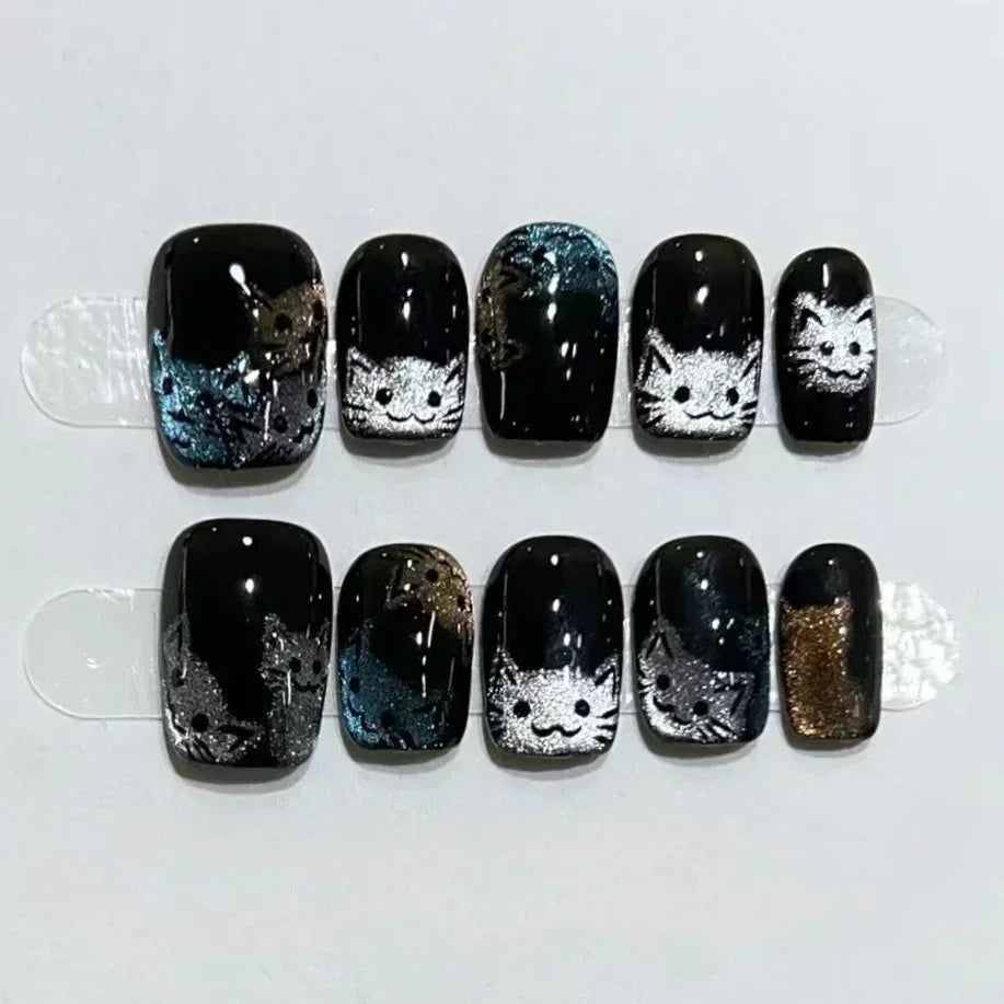 10Pcs Short Handmade Press On Nails Full Cover Cute Cat Cat Eye Cartoon Glitter Ballet Fake Nails Wearable Manicure Nail Tips