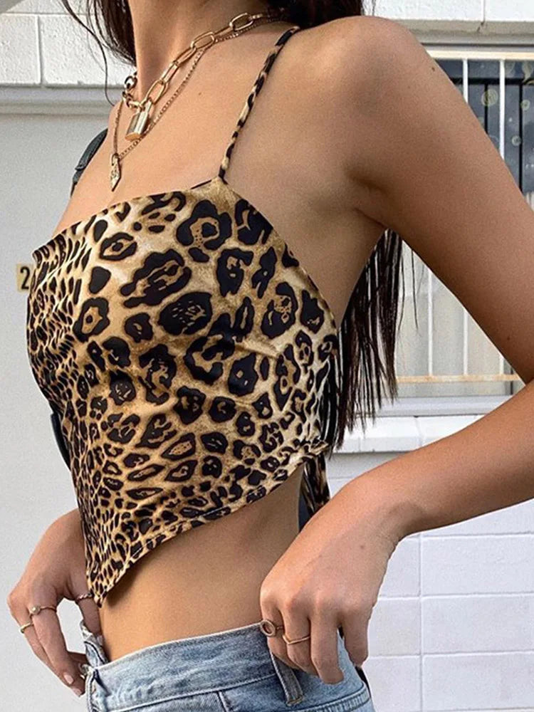 Leopard Pattern Women Tank Tops Backless Sexy Rave Outfits Sleeveless Cross Lace Up Bralette Crop Top Summer Streetwear