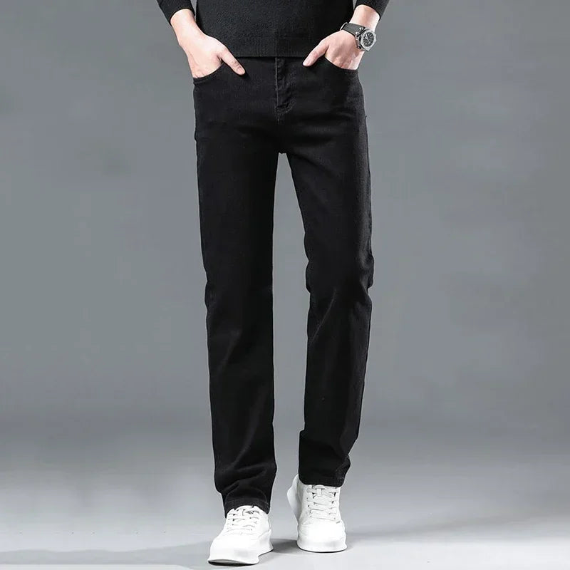 Fashion Men Straight Leg Jeans Man's Casual Black Streetwear Denim Trousers Male Cool Solid Simple Slim Fit Cheap Denim Pants