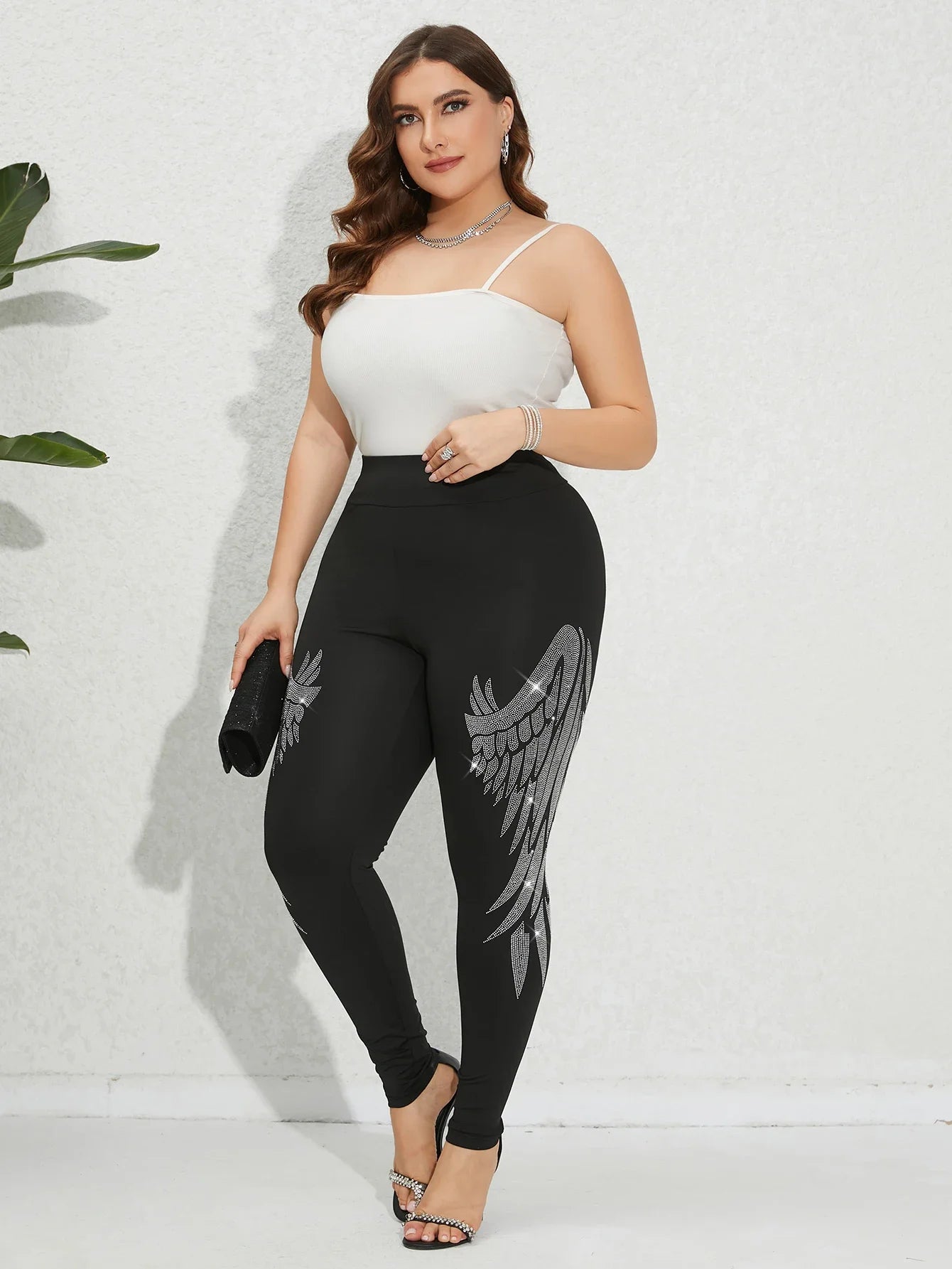 Plus Size Women's Leggings Sparkling Rhinestone Angel Wings Pattern Skinny Trousers Fashion Casual High Stretch Knit Bottoms