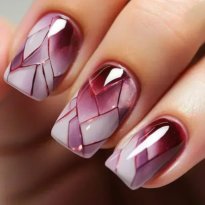 24Pcs Sweet Cool Press on Nails Short Square False Nail Gradient Glitter Line Fake Nails Full Cover Glossy Acrylic Manicure Nail