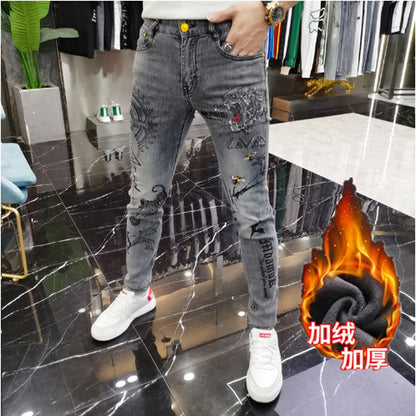 2024 Winter Mens Add Wool Thicken Jeans Mens Printed Casual Stretch Fleece-lined Denim Pants Male Jeans Daily Classical Trousers