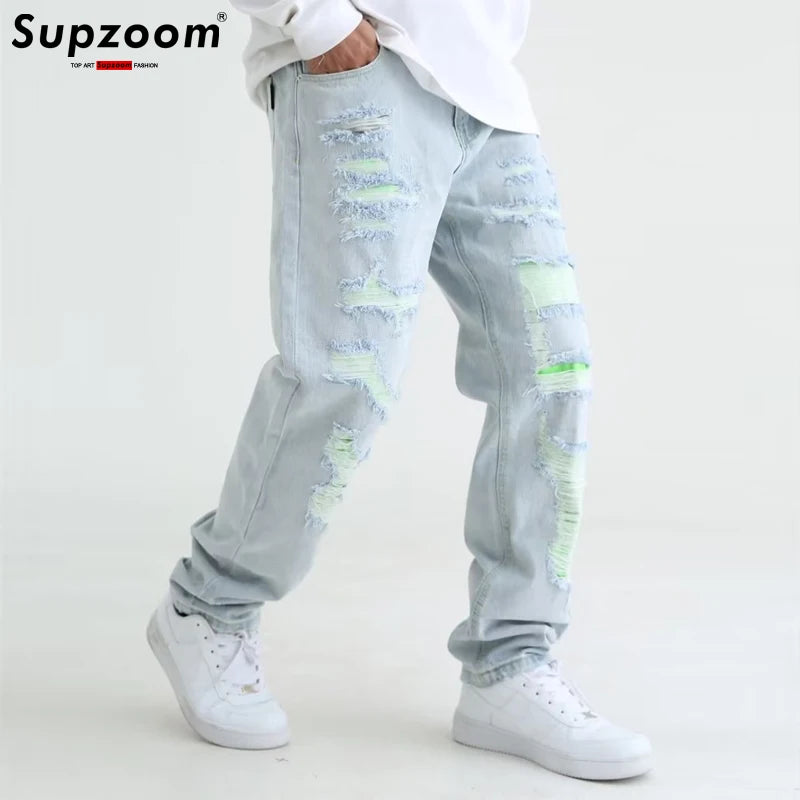 Supzoom New Arrival Top Fashion Autumn Washed Light White Personalized Hole Patch Cloth Casual Denim Solid Hollow Out Jeans