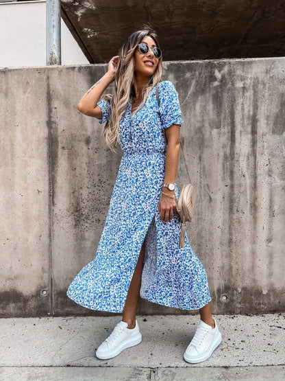 Summer Floral Print Dress Women V Neck Side Slit Long Dress Elegant Short Sleeve Button Slim Spring Female Party Dress Vestidos