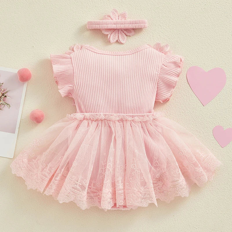 Infant Baby Girl Lace Romper Baby Tulle Dress Romper Flowers Bodysuit Spring Summer Festival Clothes with Headband