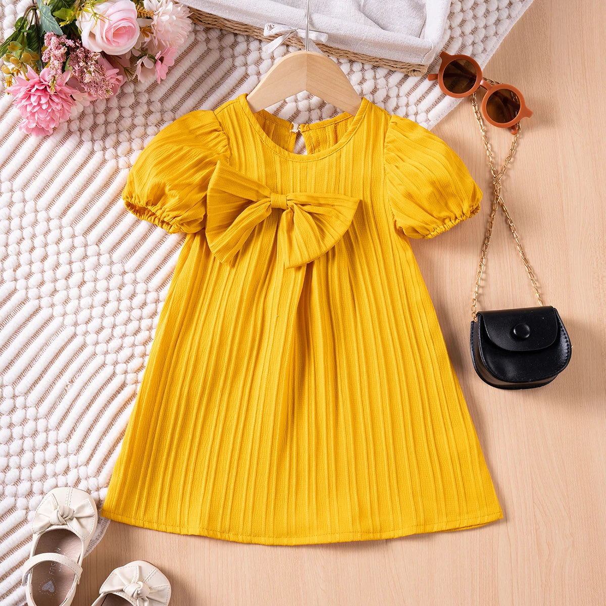 New Girl Dress Solid Color Bubble Sleeve Dress Cute Bow Party Dress Daily Casual Summer Clothing