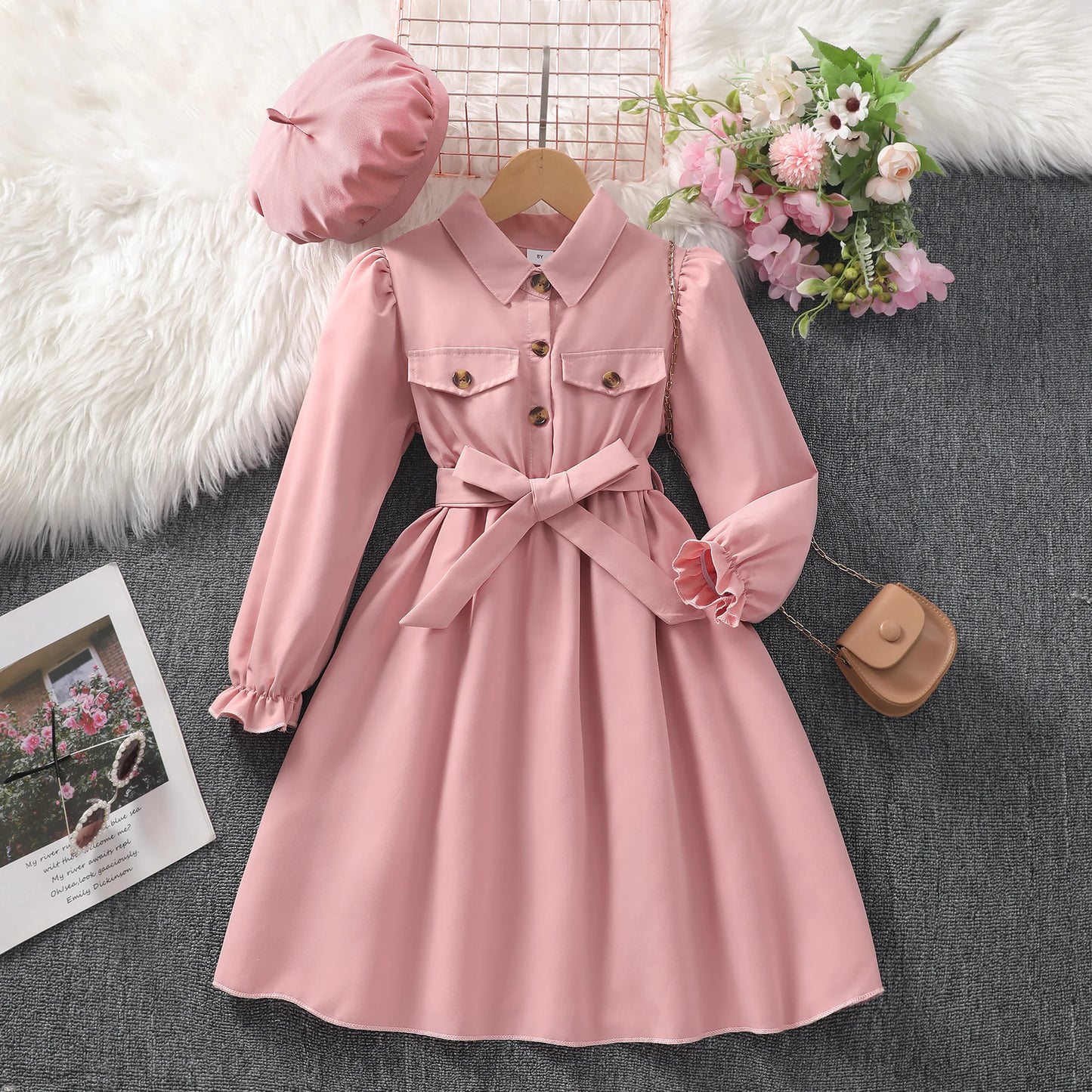 Tween Girls Stylish & Casual Long Sleeve Solid Colored Button Up Lapel Collar Dress With Belt & Pockets For Fall & Winter Outdo