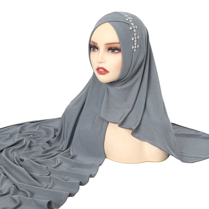 Navy Blue Instant Hijabs for Women Solid Soft Muslim Turban Headscarf with Diamonds Islamic Ladies Headband Shawl Wraps RIMAIRE