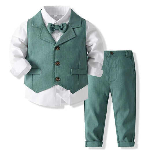 Baby Boy Formal Suit Gentleman Clothes Sets Autumn Children Birthday Wedding Party Dress Suit Sets Bowtie Shirt+Vest+Trouser Set