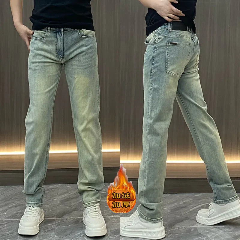 2024 Winter Mens Add Wool Thicken Jeans Mens Printed Casual Stretch Fleece-lined Denim Pants Male Jeans Daily Classical Trousers