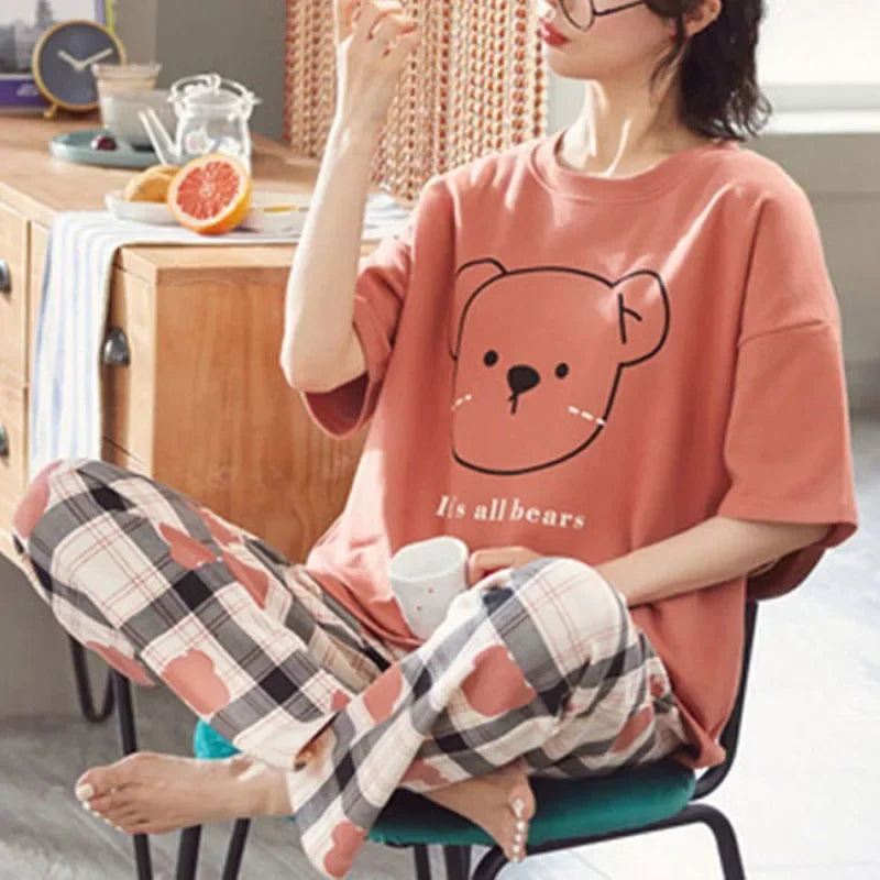 Women’s Pajamas Set Korean Version of the Autumn and Winter Cartoon Bear Christmas Sleepwear Long Sleeve Trousers 2 Piece Set