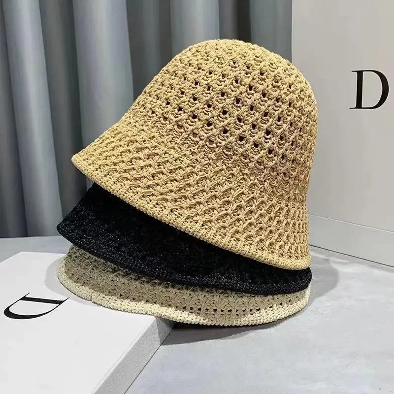 Handmade Crochet Floppy Summer Hats Collapsible Dome Bucket Hat Hollow Out Solid Color Beach Caps Simplicity Soft Women Hat