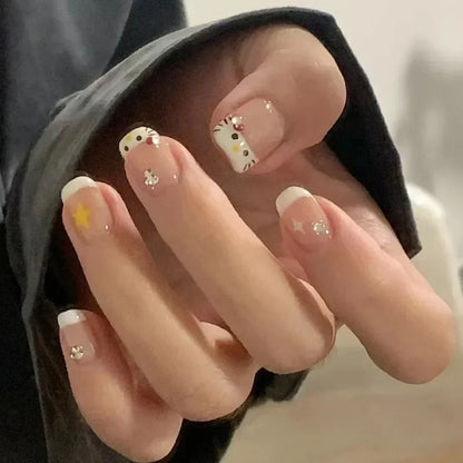 Sanrios Nails helloKitty Fresh Cute Korean Fake Nail Tips Girl Wearing Kawaii Short Cartoon Acrylic Press on Nail