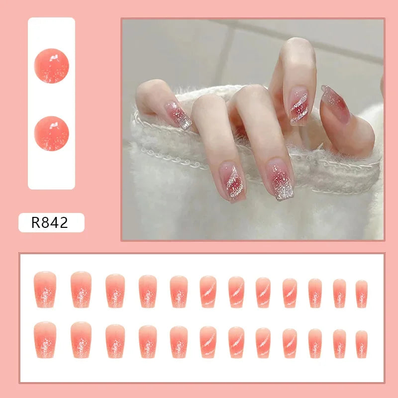 Vintage Camellia Wearable Pink Press on Fake Nails Tips with Glue False Nails Design Butterfly Lovely Girl False Nails