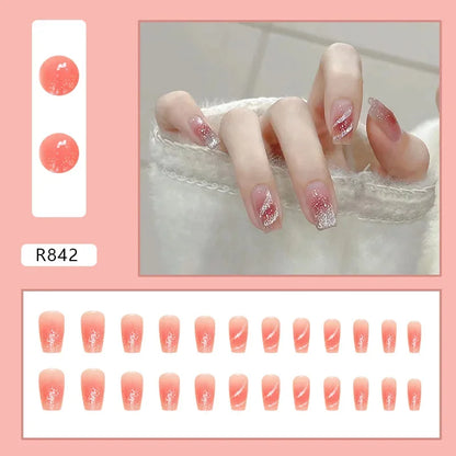 Vintage Camellia Wearable Pink Press on Fake Nails Tips with Glue False Nails Design Butterfly Lovely Girl False Nails