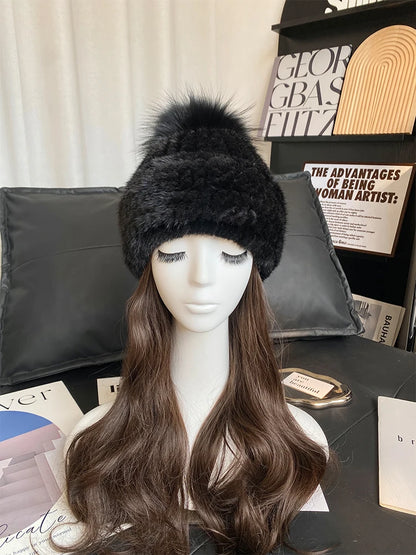 New Women Winter Natural Mink Fur Hats Knitted Real Mink Fox Fur Ball Caps Female Russian Warm Beanies Hat Fur Hat