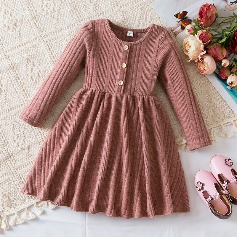 Girls Knit Dress for Autumn Winter Long Sleeve Kids Princess Dress Solid Fashion Baby Girls Casual Fall Clothes 2 to 6Years