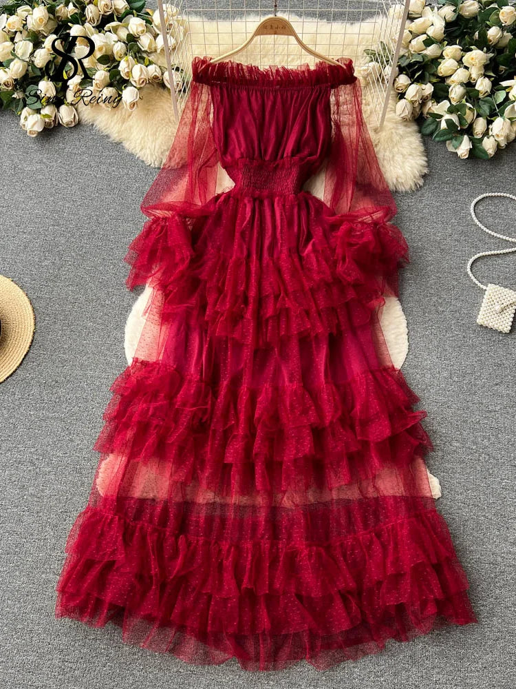 Dress Women Off the Shoulder Tierred Elastic Sundress Polka Dot Lace Maxi Dress