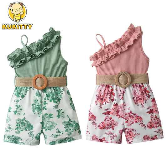 Brand New Kids Girls Jumpsuits Casual Clothes Summer New Children Toddler Fashion Floral Print Overalls with Belt Outfits 1-5Y