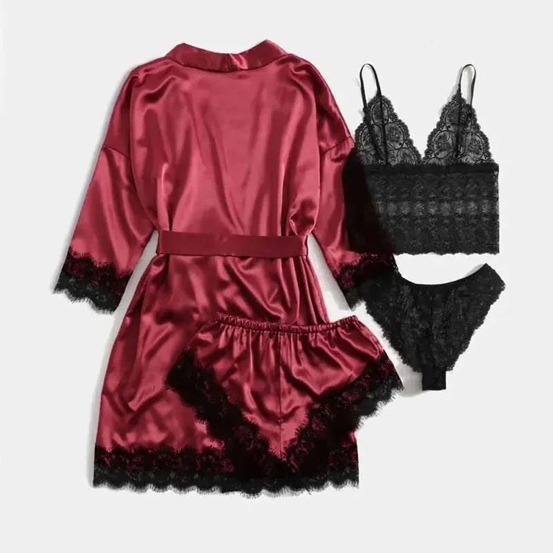 Women's Summer Fashion And Comfortable Nightwear Lace Satin With Silk Sleepwear Robe Sexy Pajama Pants Home Clothes