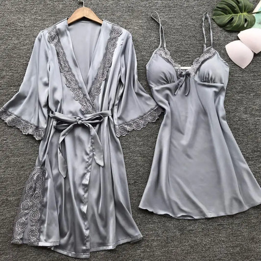 2 Pcs/Set Women Pajama Set Lace Patchwork Bow Decor Solid Color Loose Silky Lace-up Tight Waist Loose Long Sleeve Nightgown Slee