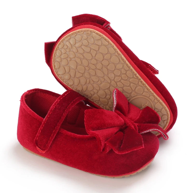 Newborn Baby Shoes Baby Girl Shoes Girl Classic Red Bowknot Rubber Sole Anti-slip PU Dress Shoes First Walker Toddler Crib Shoes