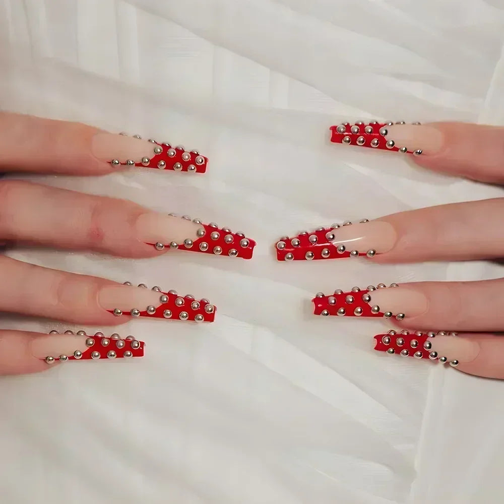 24Pcs Square False Nails with Glue Wearable Red Long Coffin Fake Nails Rhinestone Design Ballet Full Cover Press on Nails Tips