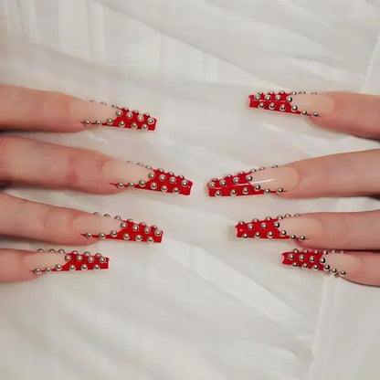 24Pcs Square False Nails with Glue Wearable Red Long Coffin Fake Nails Rhinestone Design Ballet Full Cover Press on Nails Tips